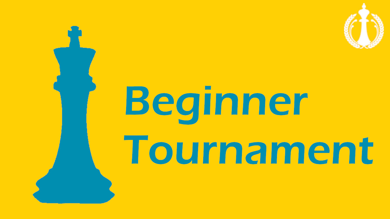 Blue chess piece with blue text that reads Beginner Tournament with a yellow background