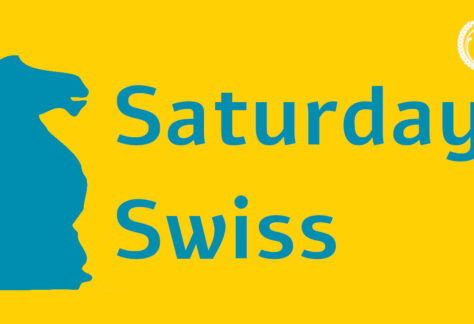 Blue knight chess piece with blue text that reads Saturday Swiss with a yellow background