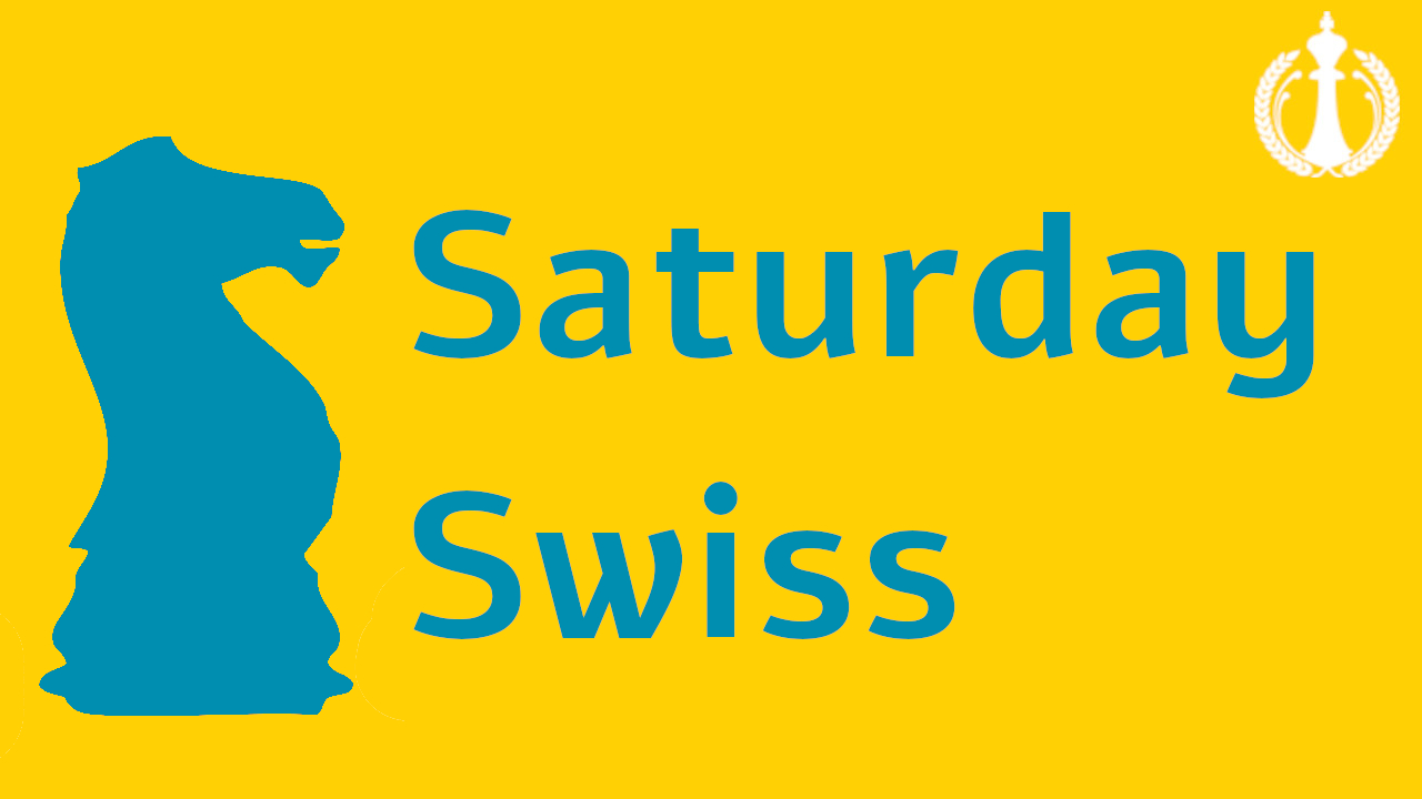 Blue knight chess piece with blue text that reads Saturday Swiss with a yellow background