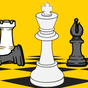 Black and white chess pieces on a dark yellow background