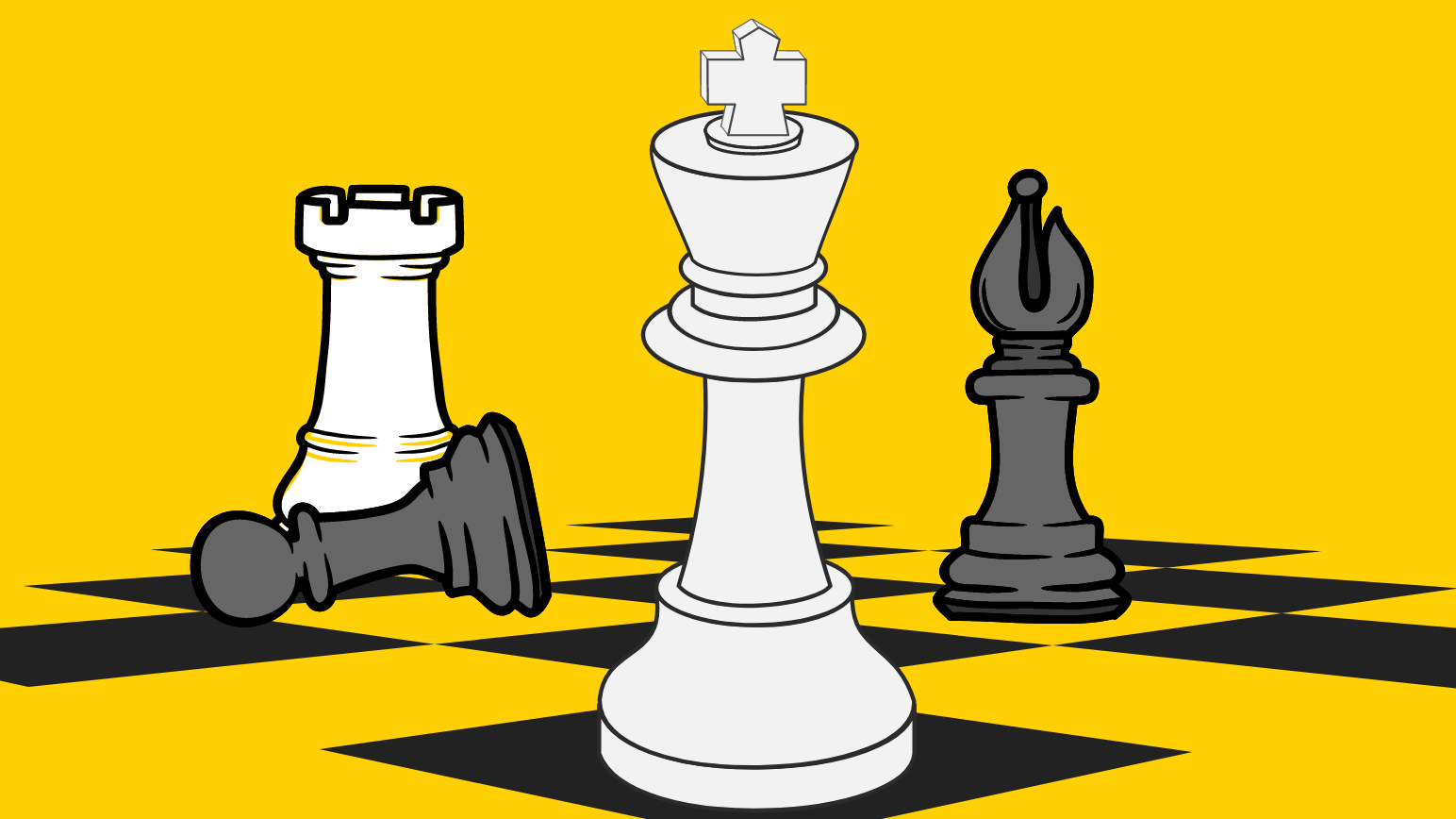 Black and white chess pieces on a dark yellow background